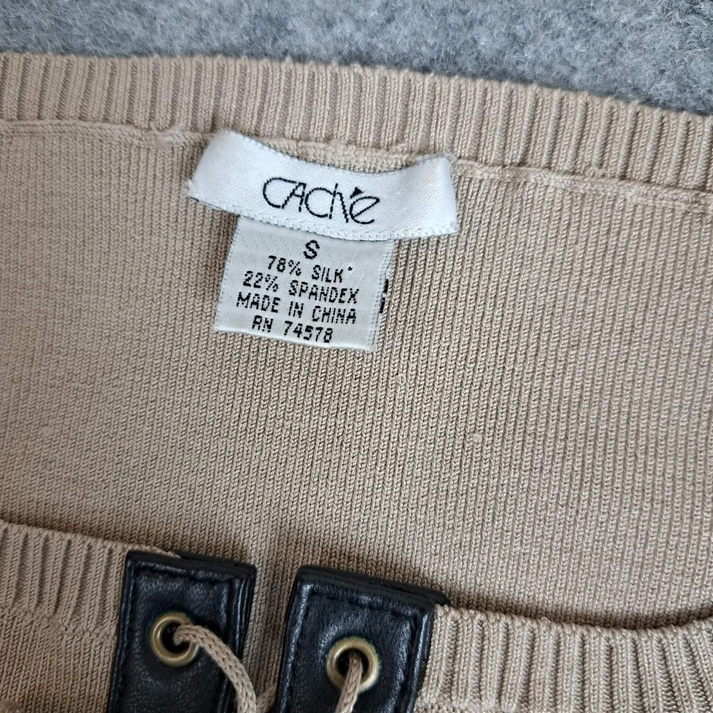 Cache Sweater Womens Small Beige Silk Blend Sweater Ribbed‎ Long Sleeve  Top